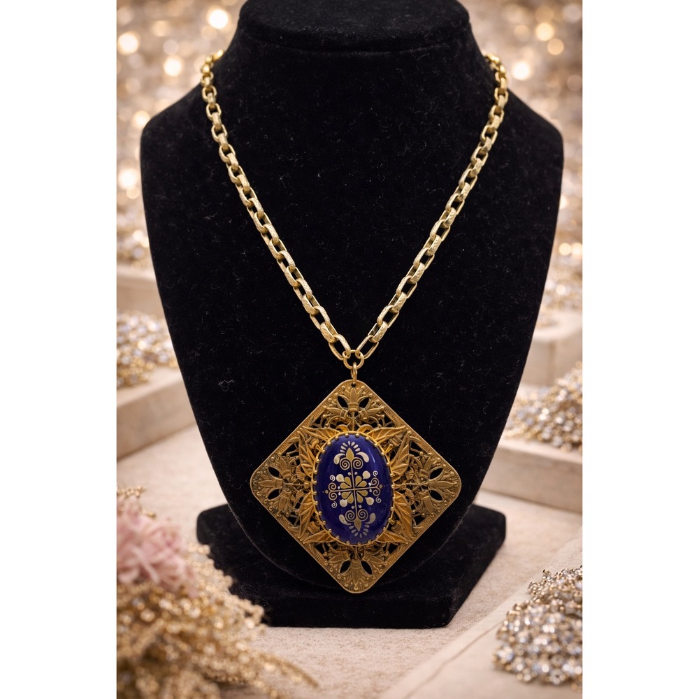 Miriam Haskell Vintage Filigree Pendant Necklace Blue Enamel Gold Tone Statement